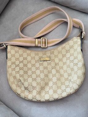 Gucci Beige Monogram Shoulder Bag with Pink and Tan Strap